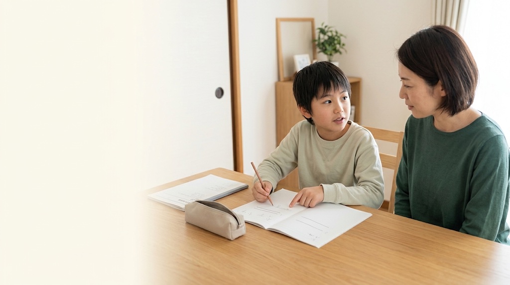 ノートに量の関係を描き、隣の母親に考え方を説明する小学生の学習イメージ