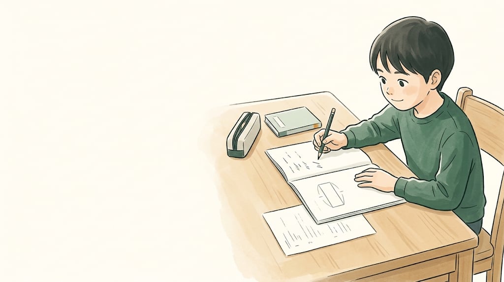 算数の問題の条件を整理しながら、自分で式を考える小学生のイラスト