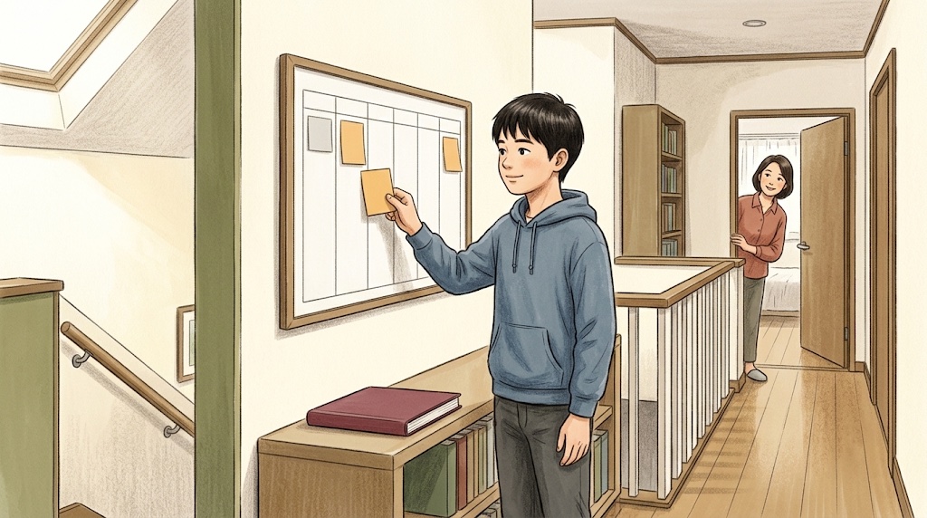 壁の週間ボードで学習の予定を整理する中学生と、戸口から温かく見守る母親のイラスト