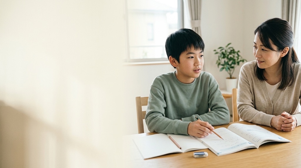数学の解説を指さし、自分の言葉で説明する中学生と、穏やかに聞く母親の学習イメージ