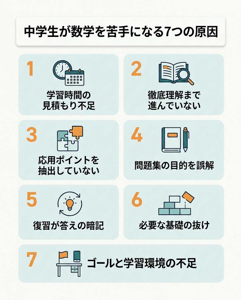 中学生が数学を苦手になる7つの原因を整理した図解