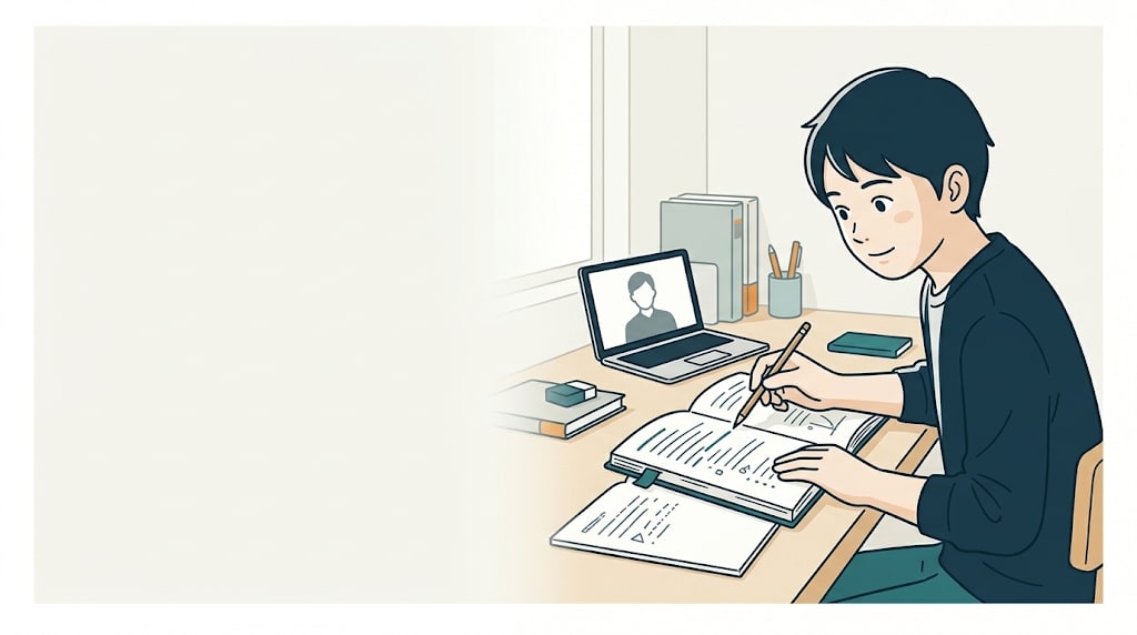 オンラインの数学コーチと、必要な基礎を確認しながら学び直す中学生のイメージ